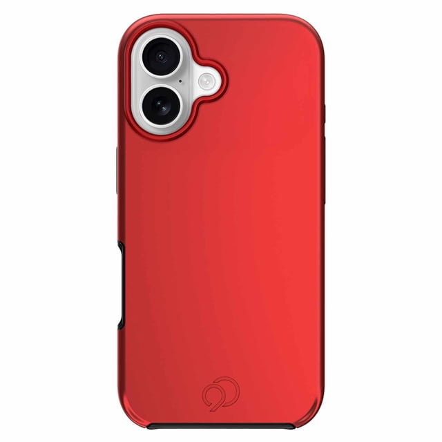 Nimbus9 Cirrus 3 MagSafe Case Crimson for iPhone 17 shown from the back with a smooth crimson red dual-layer design combining a hard outer shell and soft inner TPU layer. It features precise cutouts for dual cameras and flash, 3D HEXA PATTERN shock absorption, RISEGUARD corner fins for drop protection, responsive buttons, and MagSafe compatibility.