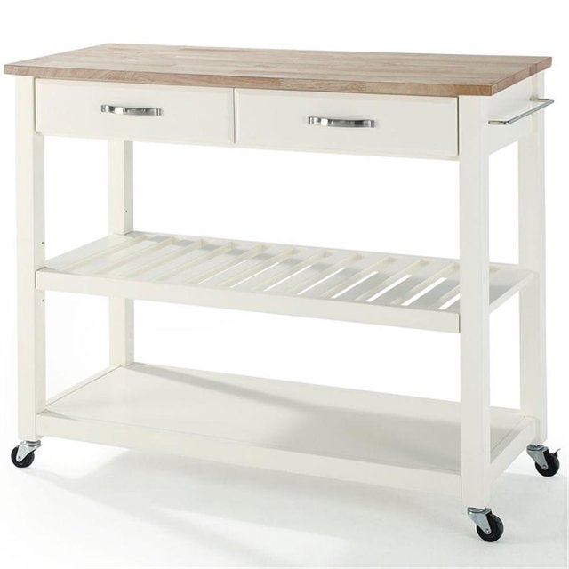 Crosley 2 Drawer Natural Wood Top Kitchen Cart in White