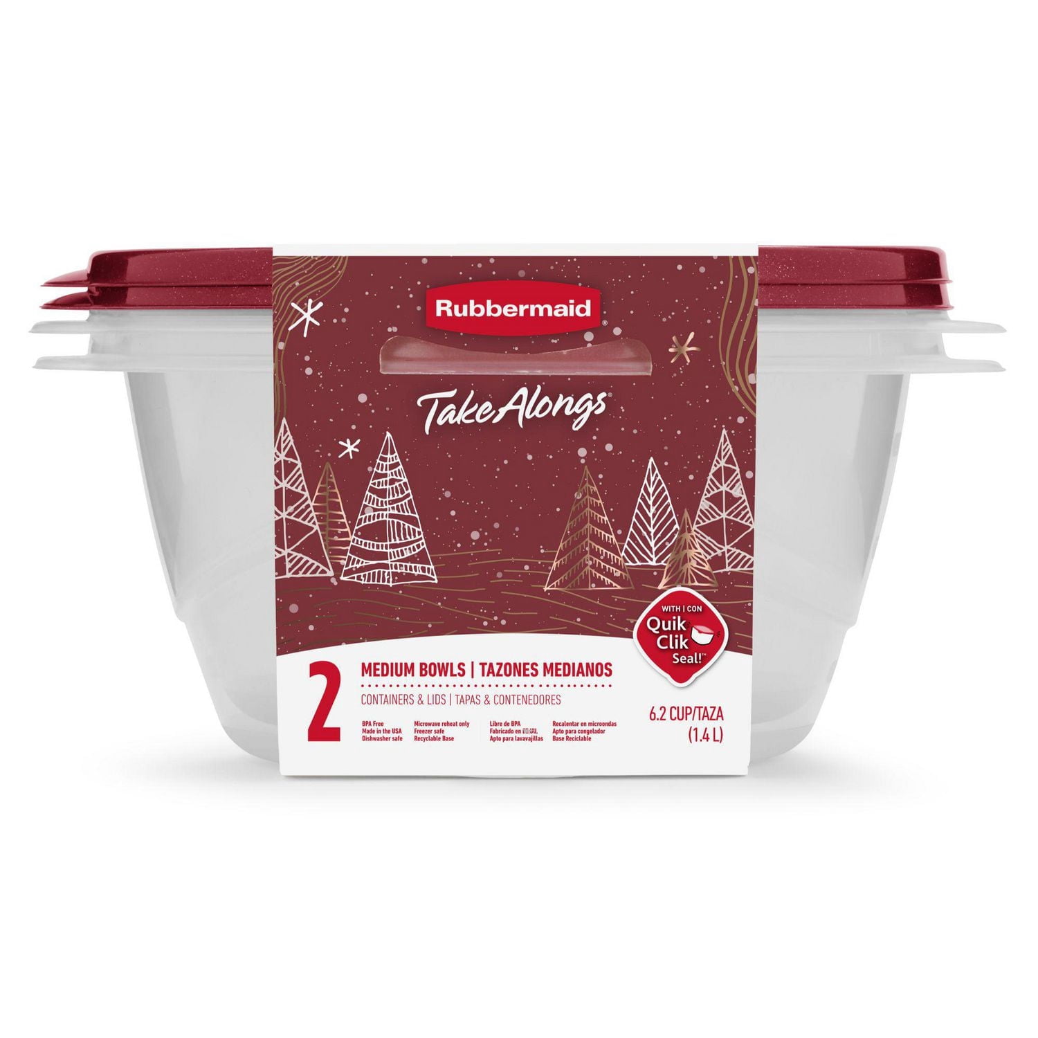 Rubbermaid TakeAlongs Food Storage Containers, 6.2-Cup Medium Bowl, Holiday Rhubarb Red, 2-Pack