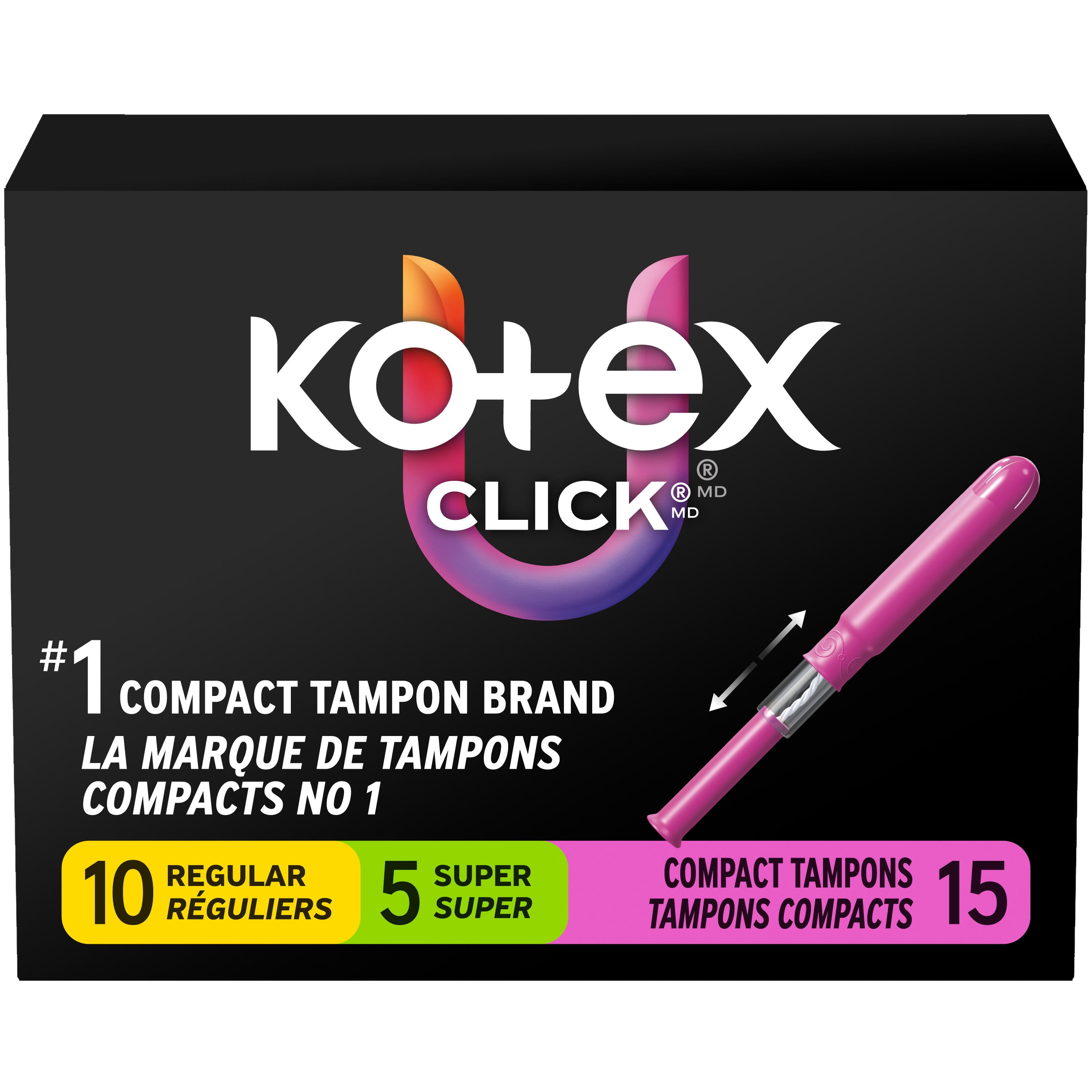 Tampons compacts U by Kotex Click, réguliers/super, emballage multiple, non parfumés, 15 tampons