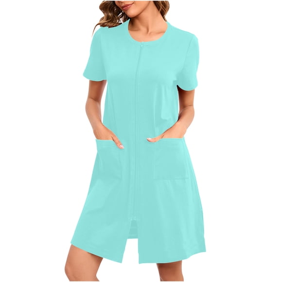 Sakmal Knee Length Moomoo Nightgowns for Women Blue Full Zip Soft Mumu Dress Short Sleeve Solid Nightgowns with Pockets