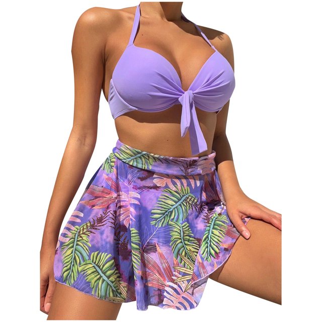 Birdeem Womens Printed High Waisted Split Swimsuit Three-Piece Swimsuit Set