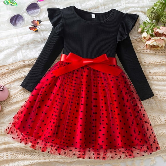 Girls Long Sleeve Ribbed Polka Print Bow Dress with Skirt Elegant Party Gown for Toddler Kids Dress and Leotard Dress Long Light Dress Girls Back A Line Rainbow Shirt Girls Long Frocks for Girls 4