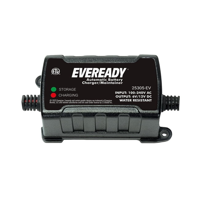 Eveready 0.75-amp Automatic 6-volt/12-volt Battery Charger/Maintainer in black with a compact rectangular design, labeled with brand, input 100-240V AC, output 6V/12V DC, and LED indicators for storage and charging, ideal for maintaining lead-acid automotive batteries including AGM and gel types.