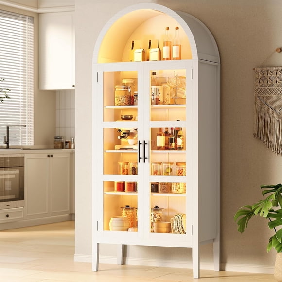 EastVita 70" Tall Arched Kitchen Pantry Cabinet with LED Lights, Modern Wood Arched Bookshelf with Glass Doors & Adjustable Shelves, Elegant Display Cabinet for Kitchen, Dining Room