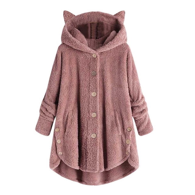Pompotops Women's Keep Warm Button Down Cardigan Hoodies Cat Ears Irregular Plush Solid Hooded Coat Tops in a soft pink color. This long-sleeve hooded coat features a button-down front, cat ear accents on the hood, and an irregular hemline. Made from polyester, it has a plush texture for warmth and comfort, suitable for casual wear during autumn, winter, and spring.