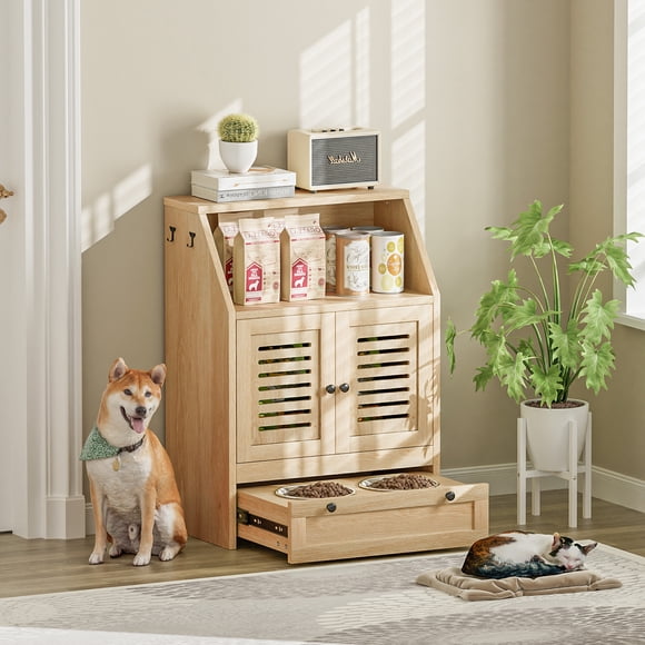 Eumyviv Station d'Alimentation pour Chien, Contenant de Rangement pour Nourriture de Chien avec Bols Surélevés, Station d'Alimentation pour Animal Armoire Alimentaire pour Jouets Alimentation Fournitures d'Abreuvoir, Chêne Naturel, GT010