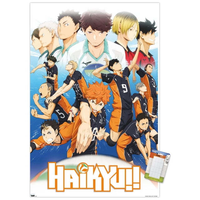 Haikyu!! - Affiche Murale Key Art 2, 22,375 Pouces x 34 Pouces Encadrée Présentant des Joueurs de volleyball d'Anime en Uniformes Noirs et orange dans des poses d'Action Dynamiques sur un Fond Bleu avec des images Plus Grandes et Délavées de Joueurs en Chandails Blancs et Rouges au-Dessus et le logo Audacieux Haikyu!! au Bas, Convient à la Décoration Murale de Chambre Ou de Dortoir.