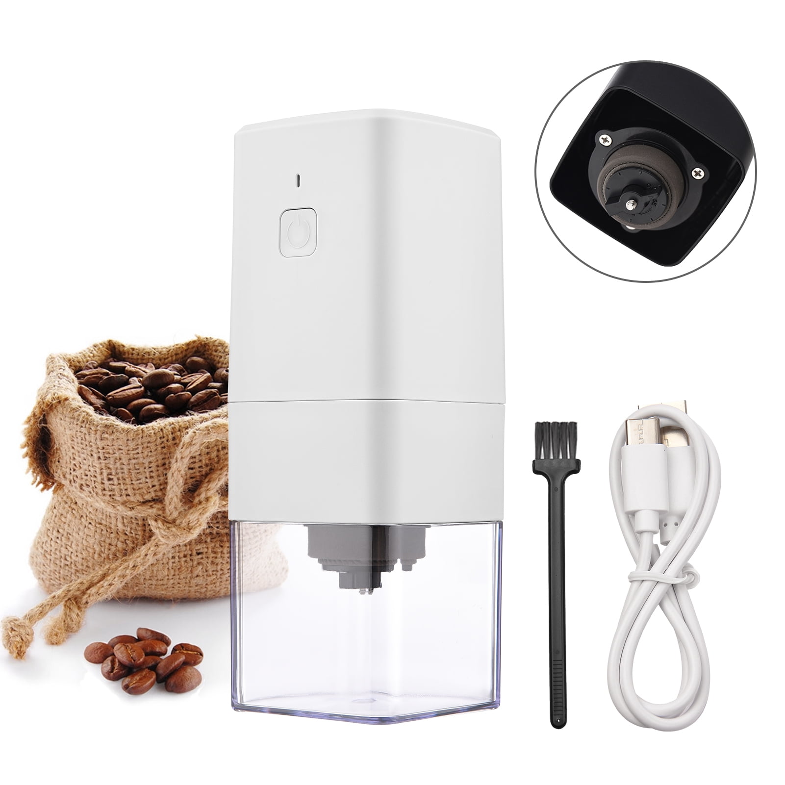 Romacci Portable Electric Burr Coffee Grinder with Adjustable Coarse Fine Grinding Removable Chamber White