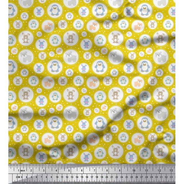 Soimoi Japan Crepe Satin Fabric Star & Cute Animals Kids Decor Fabric Printed Yard 42 Inch Wide