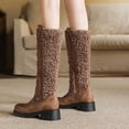 thumbnail image 3 of Womens Fleece Mid Calf Winter Combat Boots Fashion Plush Leather Patchwork Chunky Heel Knee High Riding Tall Boots, 3 of 6