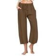 thumbnail image 3 of CFLVAEK Cotton Linen Capri Pants for Women Plus Size Wide Leg Summer Capris Loose High Waisted Drawstring Pants Solid Color Vacation Beach Pant Brown S, 3 of 8