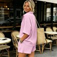 thumbnail image 1 of Cutuo Two Piece Sets for Women Summer Matching Sets, Solid Color Collared V Neck Short Sleeve Button Down Shirt Top and Drawstring Waist Shorts Casual Outfits, 1 of 9