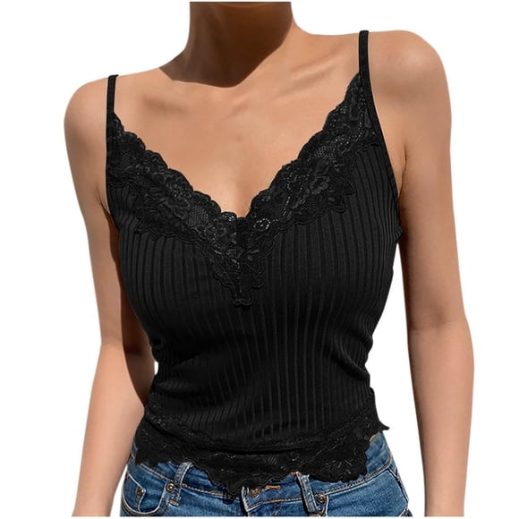 Black Tank Top Women's Sexy Lace Vests Sleeveless Shirt Lace Top Elegant Blouses Woman Spaghetti Straps Tops Y2K Cropped Tops Teenager Girls Fashion Tank Top Camisole Blouse Tops T S Yubnlvae