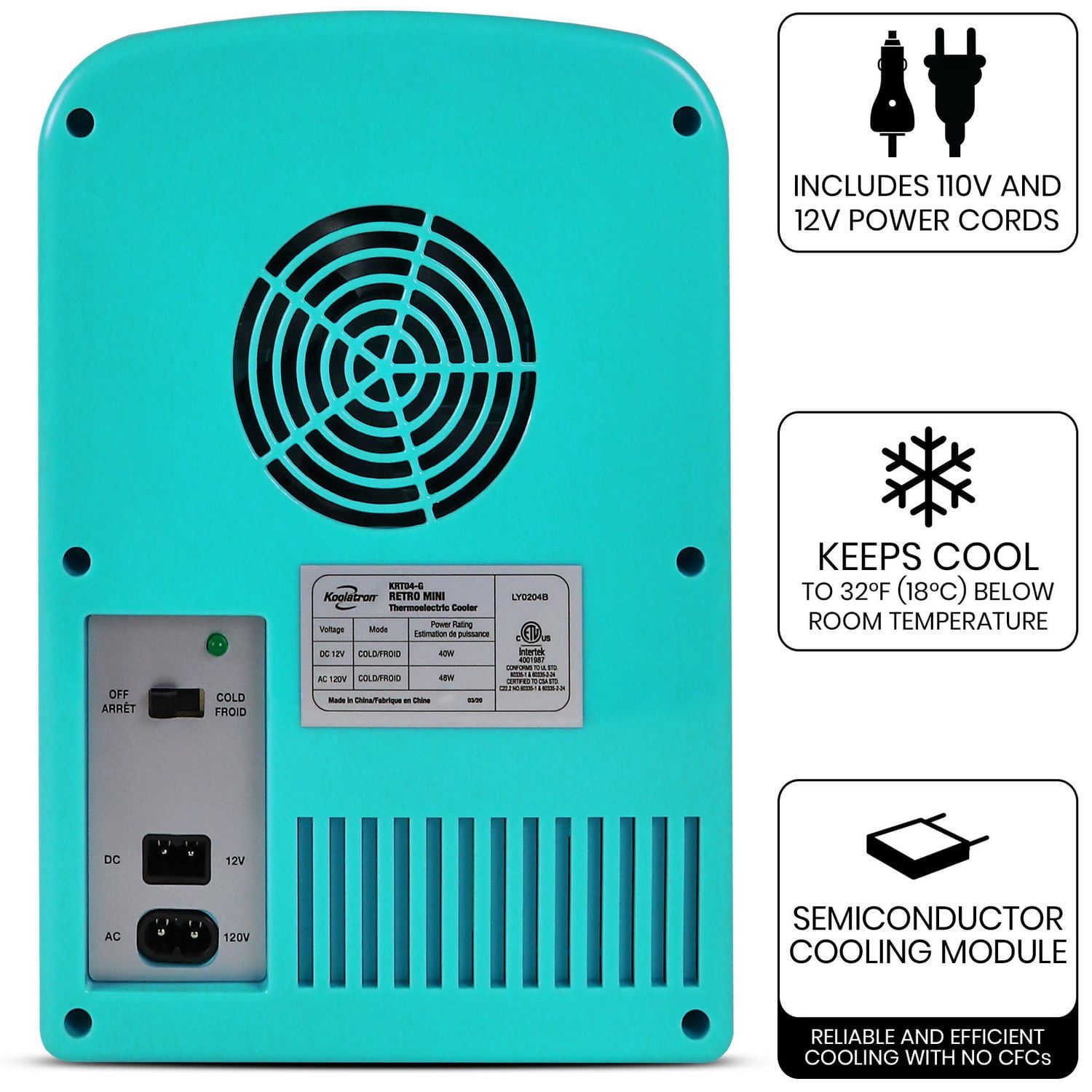 Koolatron Frigo Mini Thermoélectrique Portable Rétro 6 Canettes, 4,2 Quarts, 12V DC/110V AC, pour Maison, Chambre d'Étudiant, Voiture, Bateau, Boissons et Plus