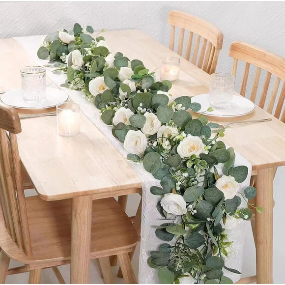 Artificial Flower Garland White Roses Bridal Wedding Decor Table Runner Centerpiece Home Party Floral Arrangement Silk Flowers