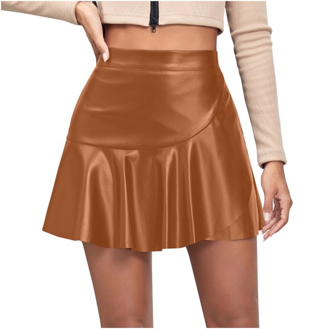 FAIWAD Jupe en Cuir pour Femme à Ourlet Volanté, Décontractée, Taille Haute, Plissée, Ajustée, Extensible, Évasée en Ligne A
