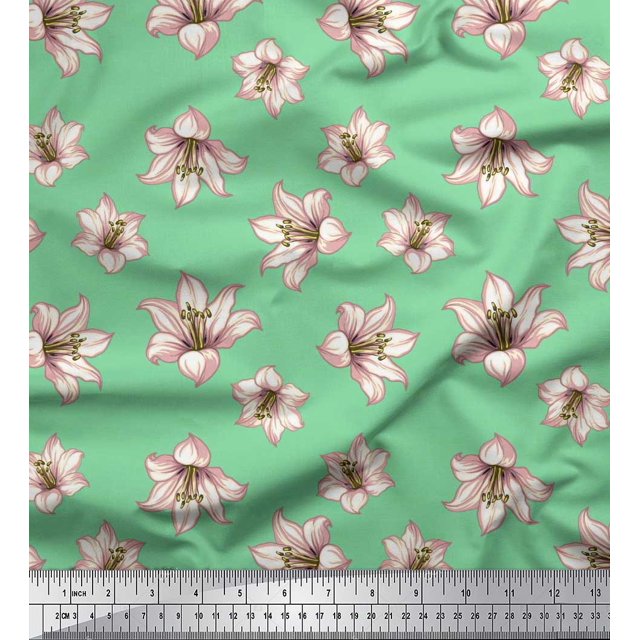 Soimoi Green Poly Georgette Fabric Lilies Floral Printed Fabric 1 Yard 42 Inch Wide