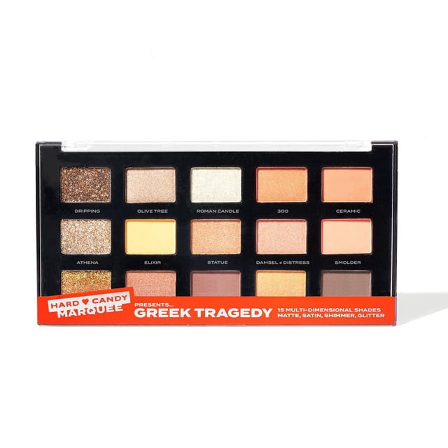 Hard Candy Marquee Shadow Palette de Fards à Paupières Grecs avec 15 Teintes Mates, Satinées, Scintillantes et Pailletées Multidimensionnelles dans un Étui Rectangulaire Noir avec Couvercle Transparent et Marque orange, Offrant une Formule Facile à Estomper pour une Tenue Longue Durée et Sans Plis.