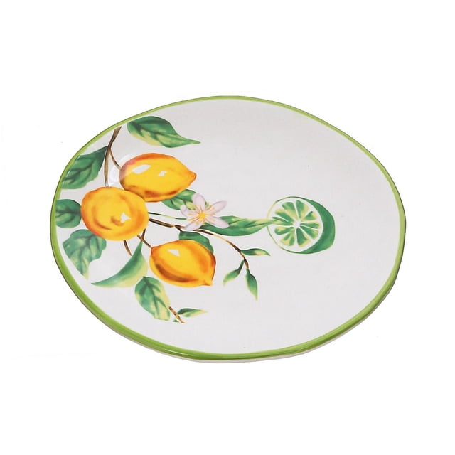 IH Casa Decor Assiette Ronde en Céramique Citron 6,10 Pouces Ensemble de 2, Céramique Blanche avec Rebord Vert Présentant des Citrons Jaunes Peints, des Feuilles Vertes, une Fleur de Citron et une lime Tranchée, Convient à un Usage Décoratif Ou pour Offrir.