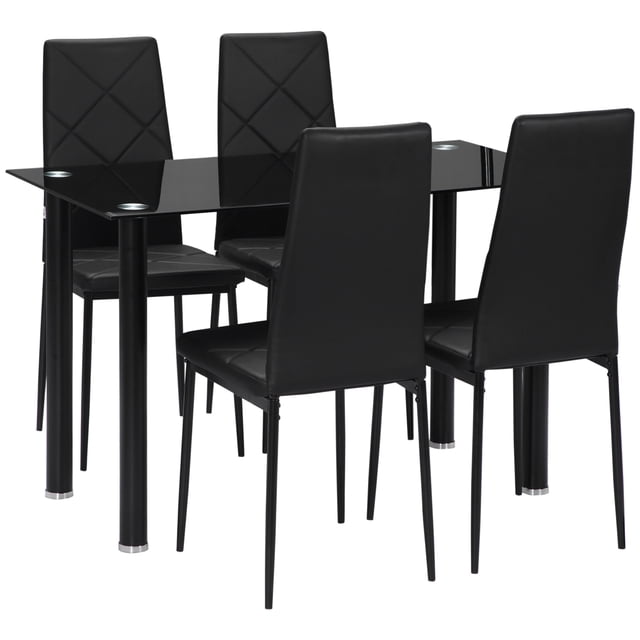 HOMCOM Ensemble de Table à Manger Moderne Ensemble de Table et Chaises de Cuisine 5 Pcs Noir Ensemble de 5 Pcs avec Table Rectangulaire en Verre Trempé 47.2 Pouces x 23.6 Pouces sur Pieds en Acier Enduit de Poudre et Quatre Sièges Sans Accoudoirs en Cuir PU Rembourré de Mousse; Chaises à Rentrer sous la Table pour Économiser de l'Espace; Patins de Pieds Protecteurs Visibles; Utilisé Souvent comme station de Travail Compacte pour la Maison et la Salle à Manger.