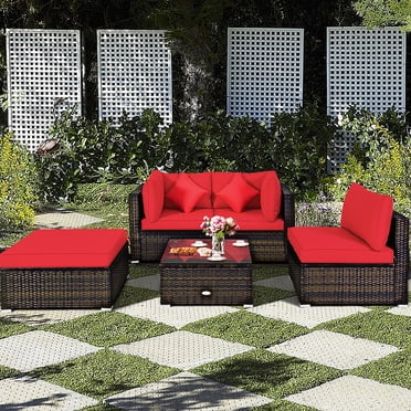 Costway Ensemble de 5 Pcs de Meubles d'Extérieur en Rotin pour Terrasse, Sectionnel de Conversation avec Coussins Rouges