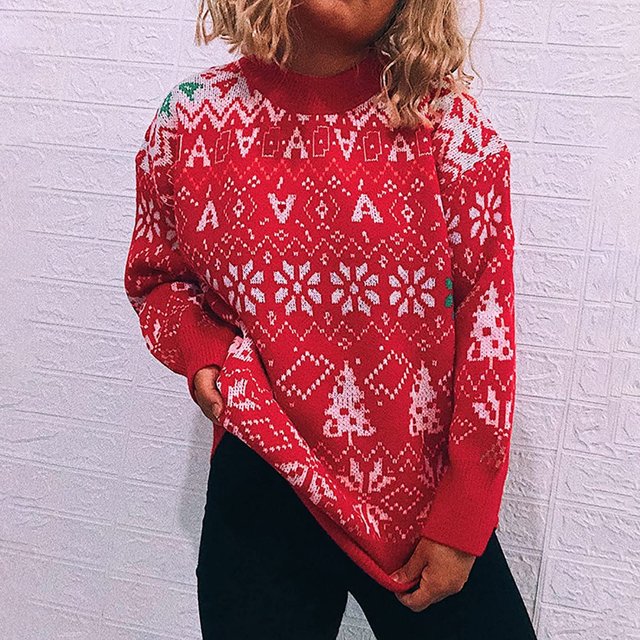 Autumn Winter Women's Christmas Printing Splicing Round Neck Long Sleeve Line Sweater Tops Blouse