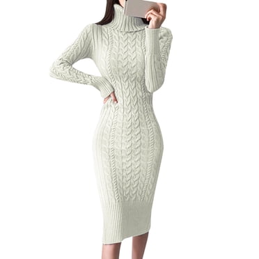 Fgnfyis Robe Chandail à Col Roulé à Manches Longues pour Femmes, Robes Chandail Midi Moulantes en Tricot pour un Style Élégant, Blanc, P
