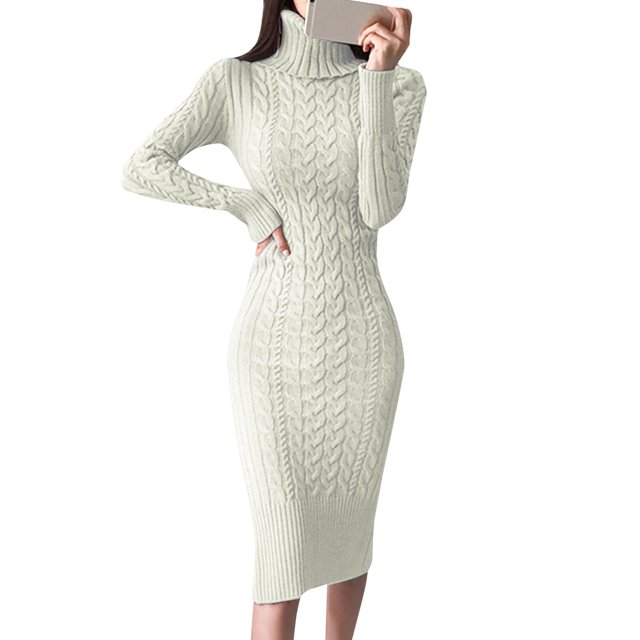 Kcodviy Robe Chandail à Col Roulé à Manches Longues pour Femmes Tunique Robes Chandail Robes Moulantes en Tricot pour Femmes Automne Décontracté Midi Robes Chandail