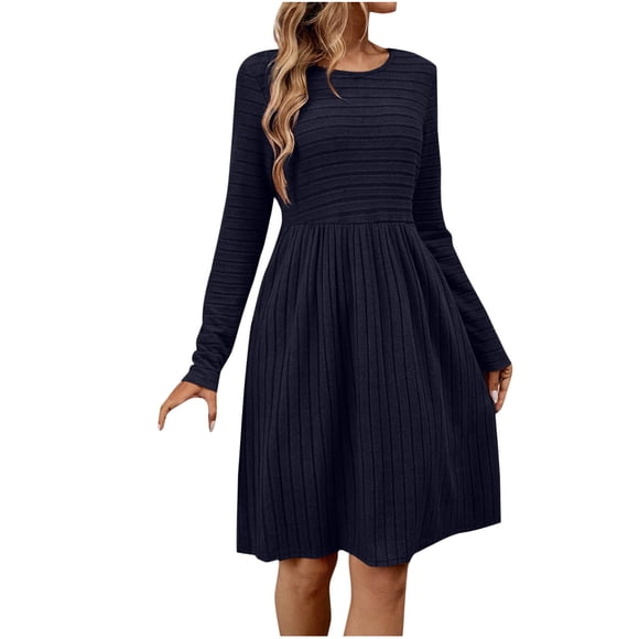 Wdfiry Women's Fall Dress Solid Color Round Neck Long Sleeve Dress Casual Ribbed Tunic Mini Dresses