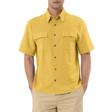 INSPIRE CHIC Men's Shirts Solid Color Short Sleeve Point Collar Shirt with Pockets  S Yellow