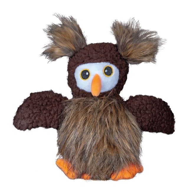 Furry Friends Plush Owl Dog Toy with brown textured plush wings and head, fluffy ear tufts, white face with yellow-ringed embroidered eyes, orange beak and feet, and shaggy brown fur body. Includes a noisy spiky ball inside, crinkle material, and squeaker to engage dogs during play.