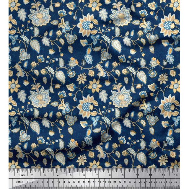 Soimoi Modal Satin Fabric Leaves & Floral Block Print Fabric by Yard 42 Inch Wide