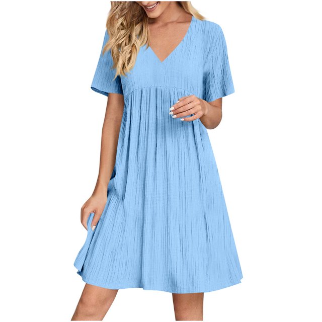 LOVZFMLL Robes d'Été pour Femmes Décontractées à Manches Courtes Col en V Robe de Plage Fluide à Volants Longueur Genou Bleu Clair TTG