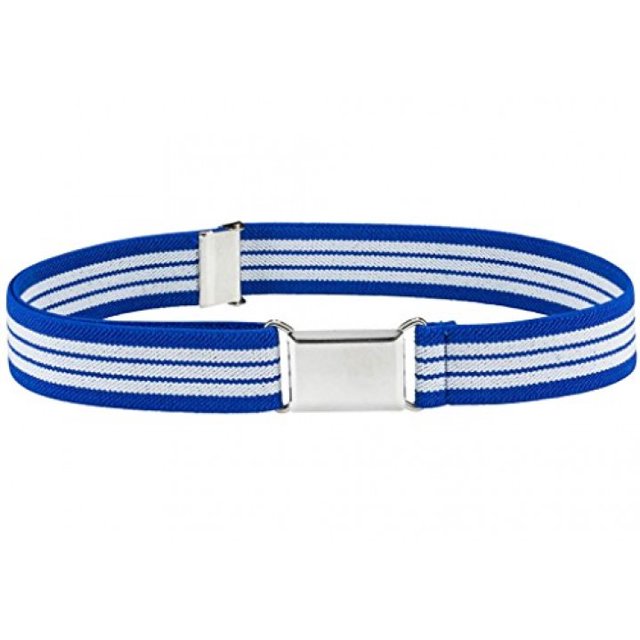 Ceinture Élastique Ajustable pour Enfants avec Boucle Carrée Argentée - Rayure Bleu Royal et Blanc
