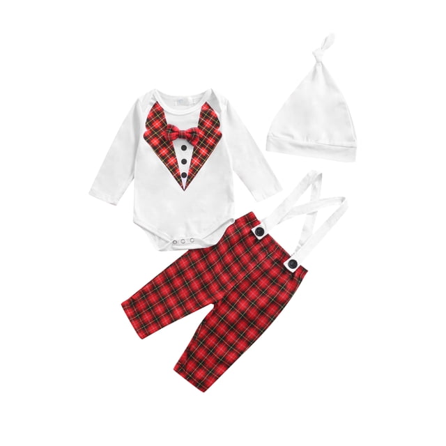 FOCUSNORM Barboteuse à Carreaux à Manches Longues pour Bébé Garçon et Pantalon à Bretelles avec Chapeau