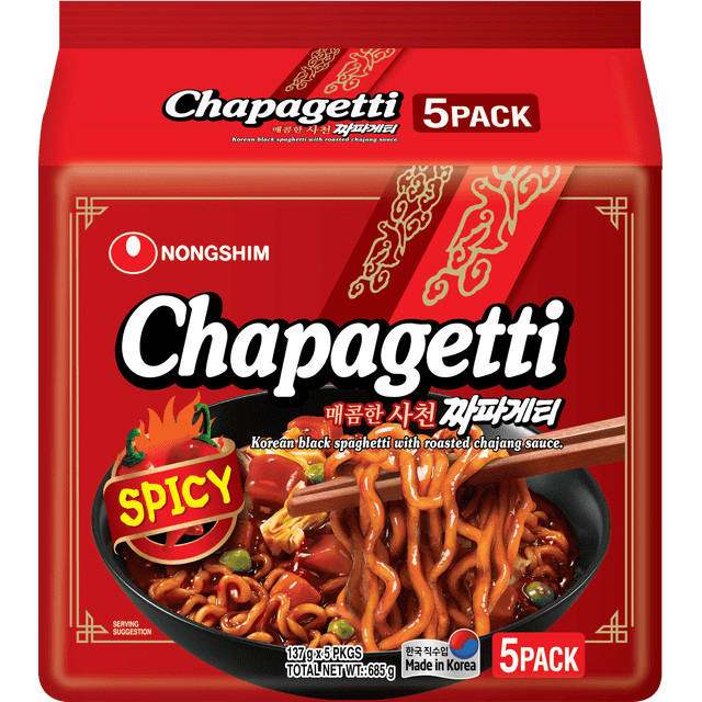 Nongshim Spicy Chapagetti 5-pack Korean black spaghetti with roasted chajang sauce in a red box, showing a bowl of thick noodles with spicy sauce, vegetables, and chopsticks lifting noodles, suitable for quick pantry meals.