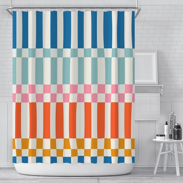 PANDACO Rideau de Douche en Tissu Lumen (180 cm x 180 cm) (72 Pouces x 72 Pouces) Exposé dans une Salle de Bain. le Rideau Présente un Motif à Carreaux vibrant avec des Rayures Alternées de Bleu, Sarcelle, Rose, orange et Jaune sur Fond Blanc. Fabriqué en Tissu Résistant à l'Eau avec des Oeillets en Acier Inoxydable Résistants à la Rouille, Il Comprend des Crochets de Rideau de Douche en Plastique et Ne Nécessite Pas de Doublure Séparée. Lavable à la Machine pour un Entretien Facile.
