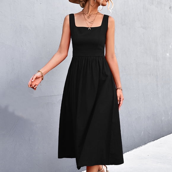 Womens Dresses Summer 2023 Fashion Women Summer Casual Backless Solid Color Square Collar Sleeveless Long Dress Party Dresses for Women Elegant Classy on Clearance