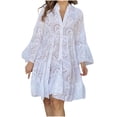 thumbnail image 2 of Jienlioq Robe Femme Liquidation Mode Femme Col en V Uni Broderie Patchwork Dentelle Bouton Robe Manches Longues, 2 of 7
