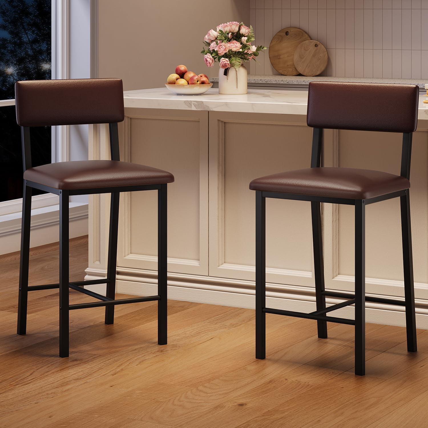 Set of 2 Modern PU Leather Counter Height Bar Stools with Backrest and Footrest for Dining Room and Kitchen Dark Brown
