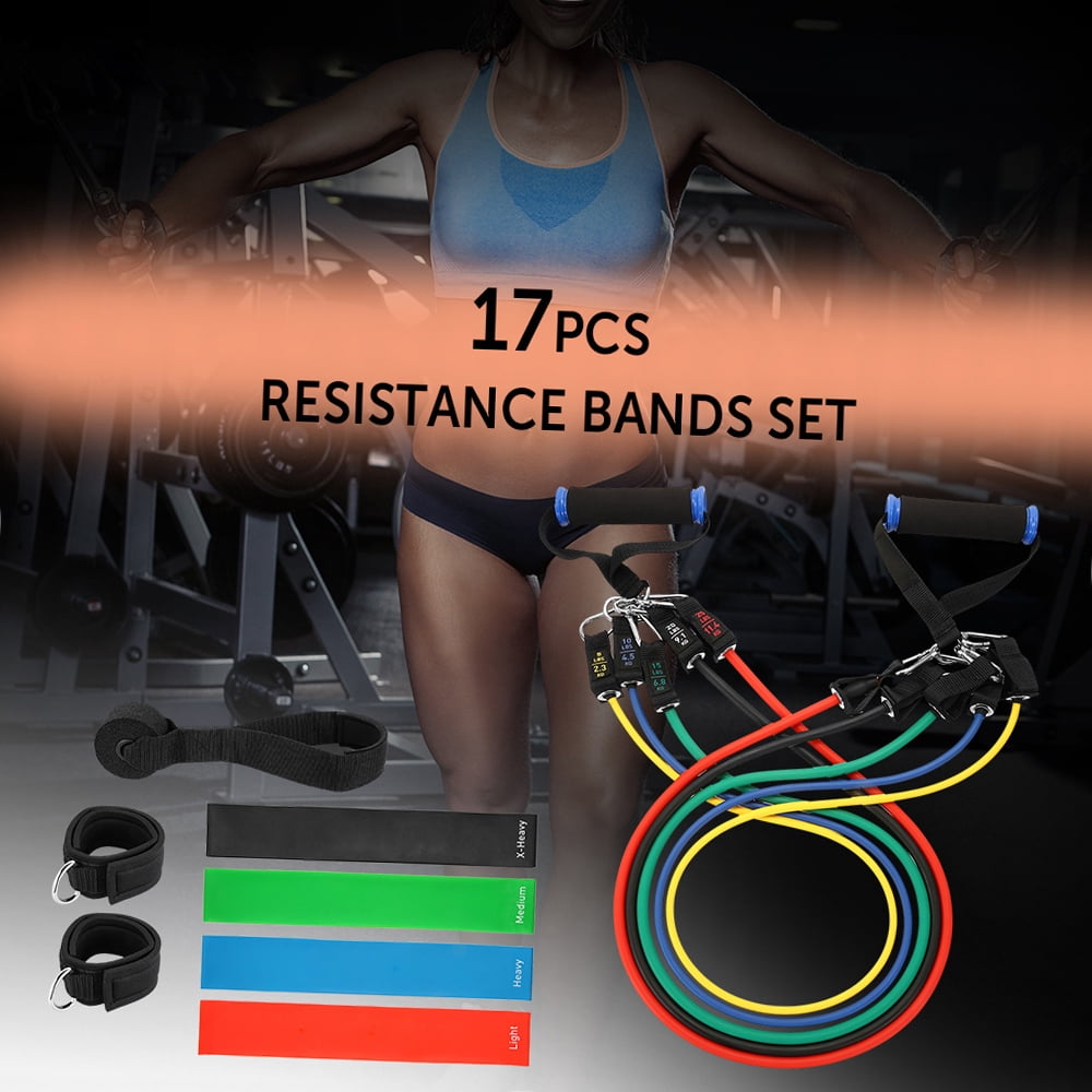17Pcs Resistance Bands Set Workout Fitness Exercise Rehab Bands Loop Bands Tube Bands Door Anchor Ankle Straps Cushioned Handles with Carry Bags f