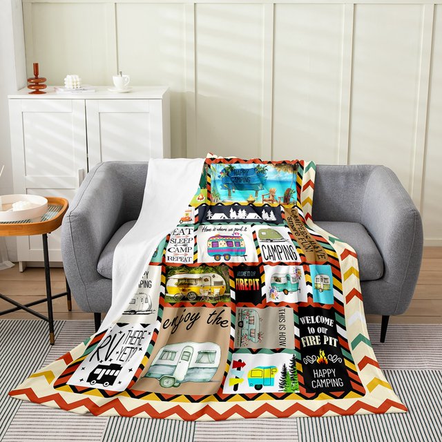 Erosebridal RV Camper Sherpa Blanket, Camping Car Petchwork Fuzzy Blanket Throw, Lodge Cabin Room Decor