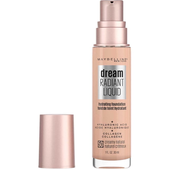 Radiant Liquid Medium Coverage Hydrating Foundation by Maybelline New York in a 30 ml pump bottle with rose gold cap removed, showing shade 50 creamy natural. This hydrating liquid foundation contains hyaluronic acid and collagen for smooth, radiant skin and is ideal for dry skin types.