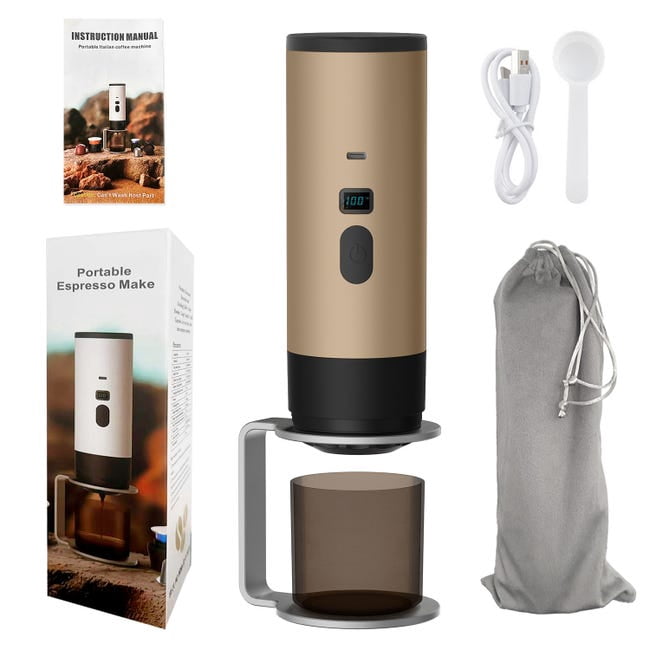 3-in-1 Portable Electric Coffee Maker, Capsule Coffee Grinder, Travel Coffee Maker with Cordless Heating and Stand, Khaki