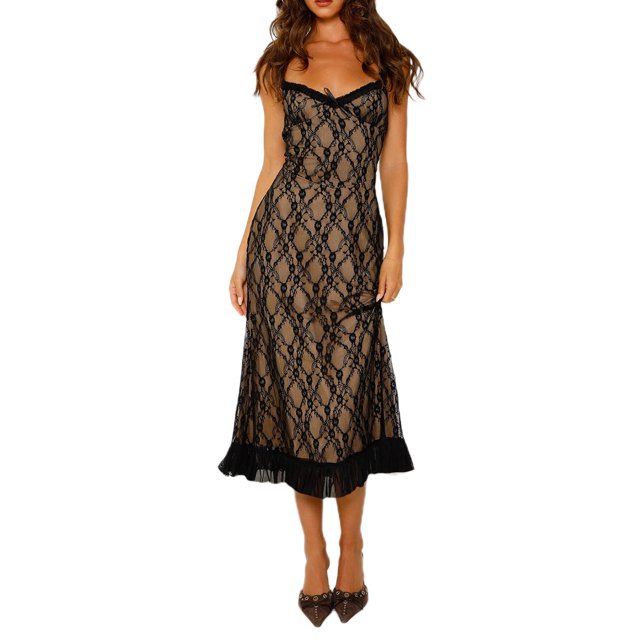 Mialoley Robe de Soirée Midi Ajustée pour Femme avec design Sans Manches, Dos Ouvert et Ourlet à Volants. la Robe Caraco en Dentelle a une Encolure Cœur et une silhouette Ajustée, Fabriquée en 95 % polyester et 5 % Élasthanne. la Superposition en Dentelle Noire Ajoute une Touche Élégante, la Rendant Adaptée aux Fêtes, aux Cocktails Ou aux occasions Formelles. le Modèle Met en Valeur la Robe Assortie à des Talons à Bout Pointu.