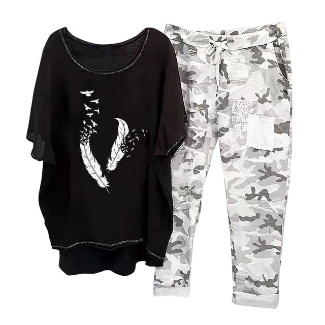 Mikilon Ensemble de Détente Confortable pour Femmes, Tenue d'Intérieur 2 Pcs, Ensemble de Détente Imprimé, Haut à Manches Mi-Longues à Col Rond + Pantalon, Noir-C 4TG