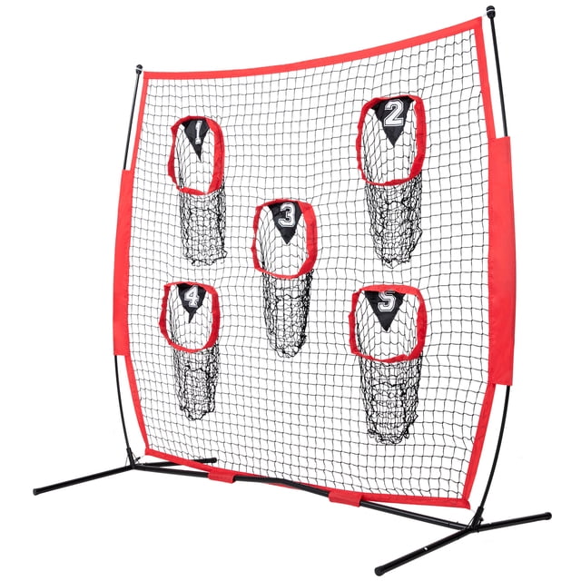 KFFKFF 7x7 ft Quarterback Training Net with a red frame and five numbered target pockets, ideal for football field equipment and precision throwing drills. Features a bow structure, sturdy steel frame, and knotless polyester mesh for durability. Includes a transportable case for convenient storage and portability.