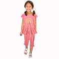 thumbnail image 1 of Chemises pour Filles, Ensemble Deux Pièces Été Col Rond Petit Imprimé Manches Courtes Manches Volantes Taille Élastique Pantalon Court, 1 of 5