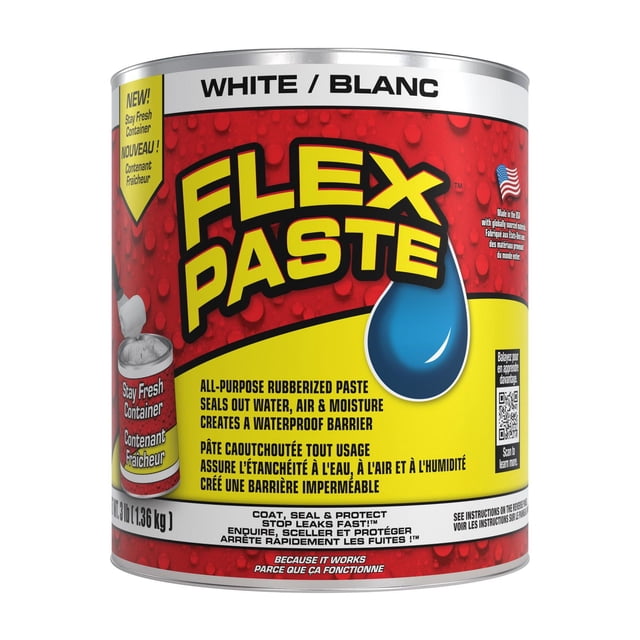 FLEX PASTE WHITE 3 LB SUPER THICK RUBBER PASTE in a metal can with a red and yellow label featuring bold yellow text and a blue water droplet, an all-purpose rubberized paste that seals out water, air, and moisture to create a waterproof barrier, suitable for concrete sealing and filling cracks, with bilingual English and French text and a new stay fresh container.